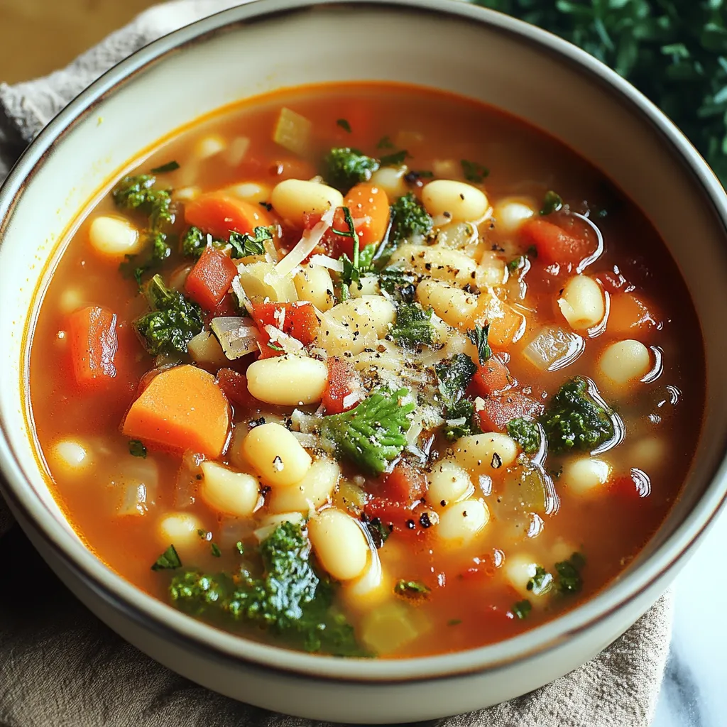 A bowl of soup with broccoli and beans.