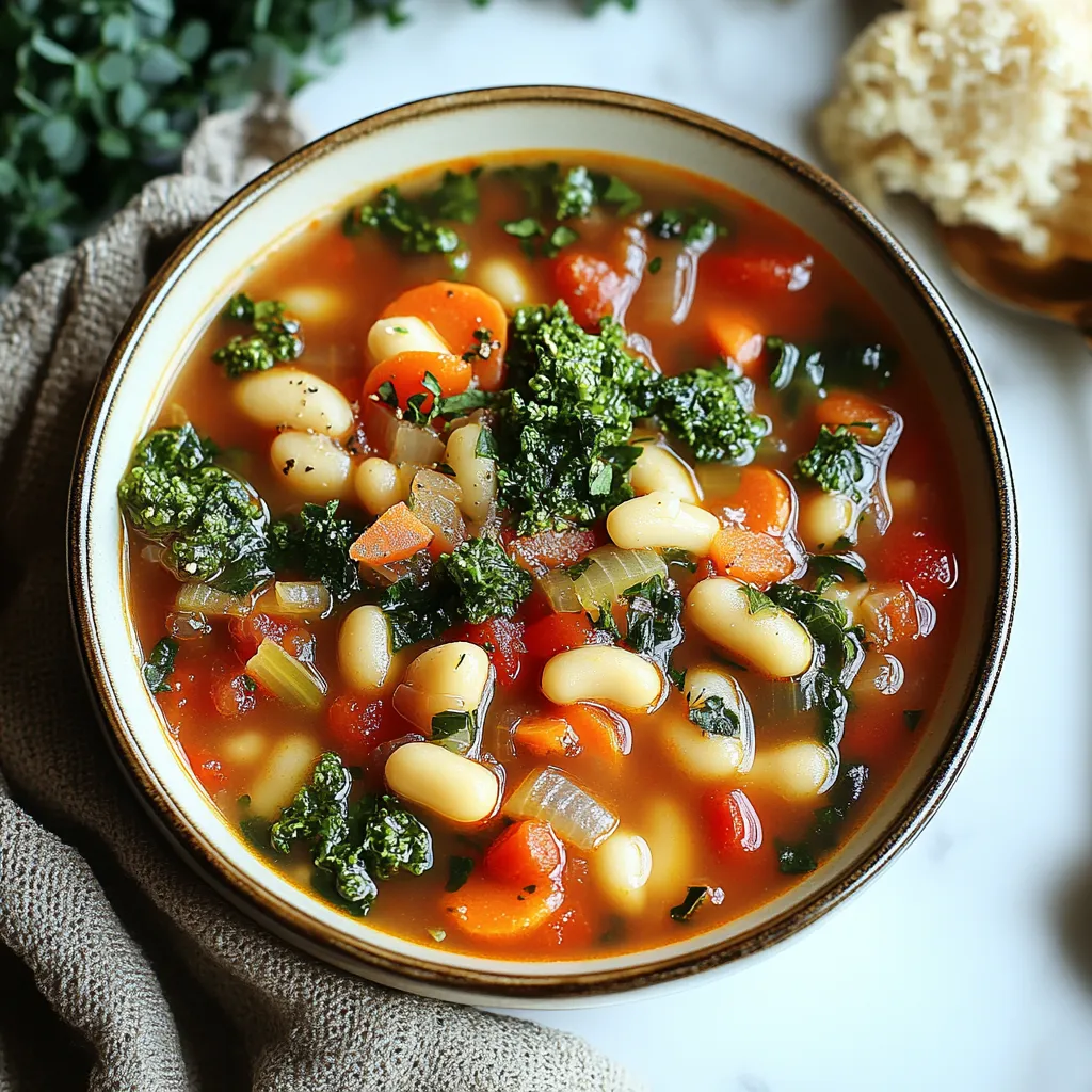 A bowl of soup with beans, carrots, and broccoli.