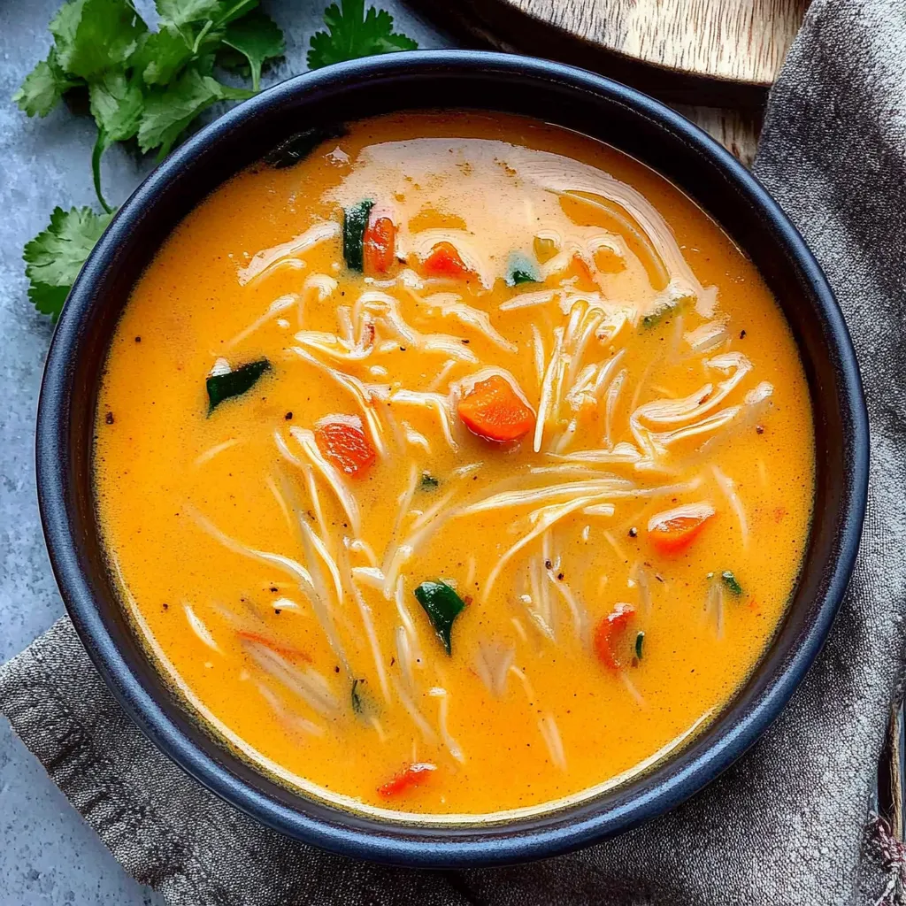 A bowl of soup with carrots and broccoli.