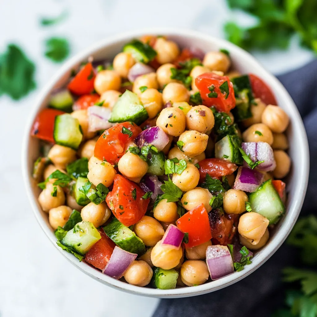 A bowl of vegetables including tomatoes, cucumbers, and chickpeas.