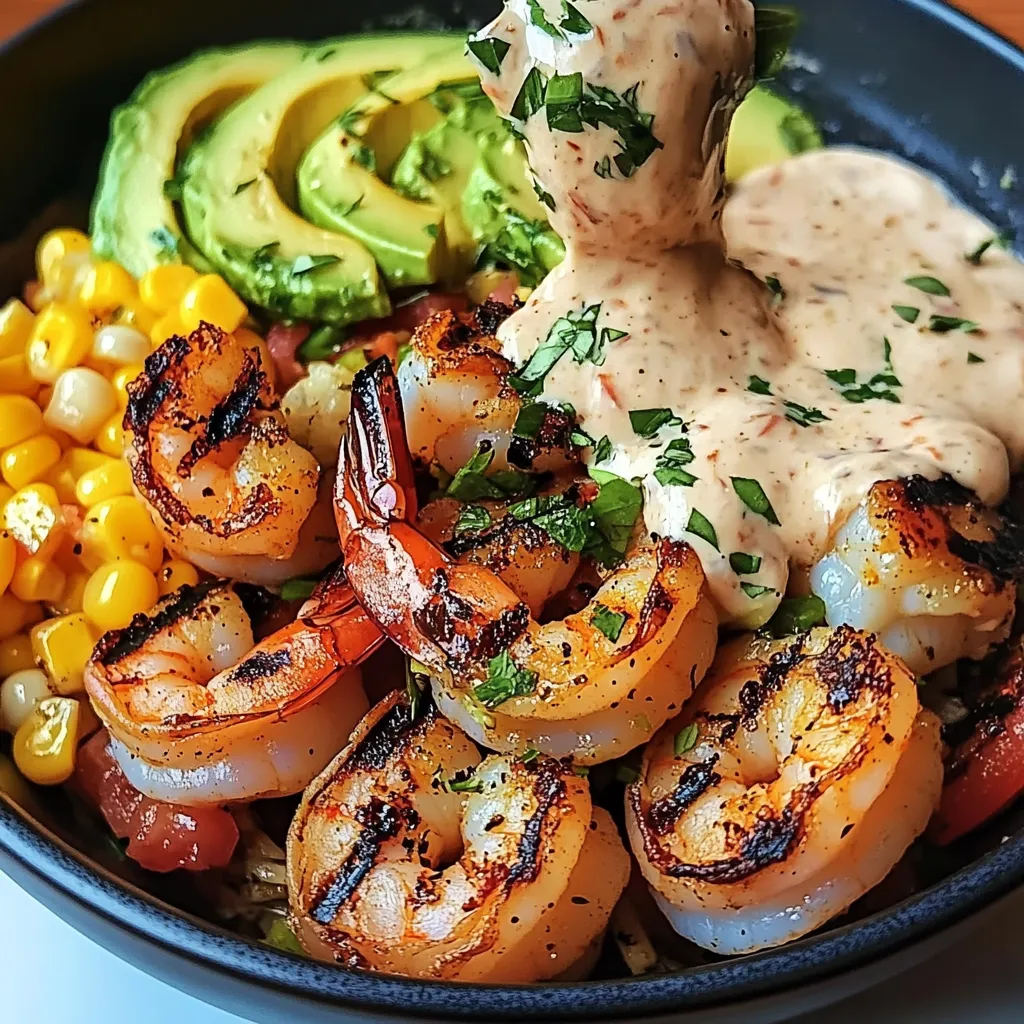 A bowl of food with shrimp, avocado, and salsa.