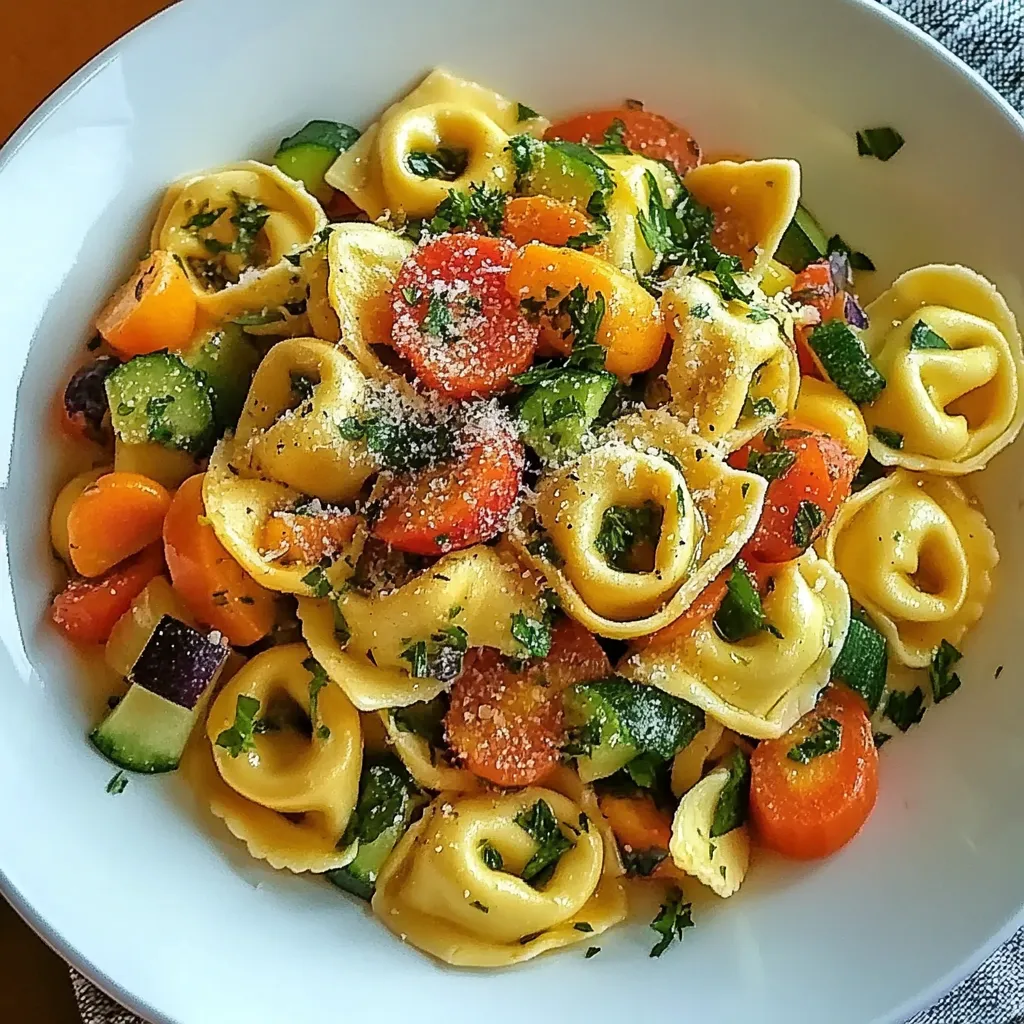 A bowl of pasta with tomatoes and herbs.