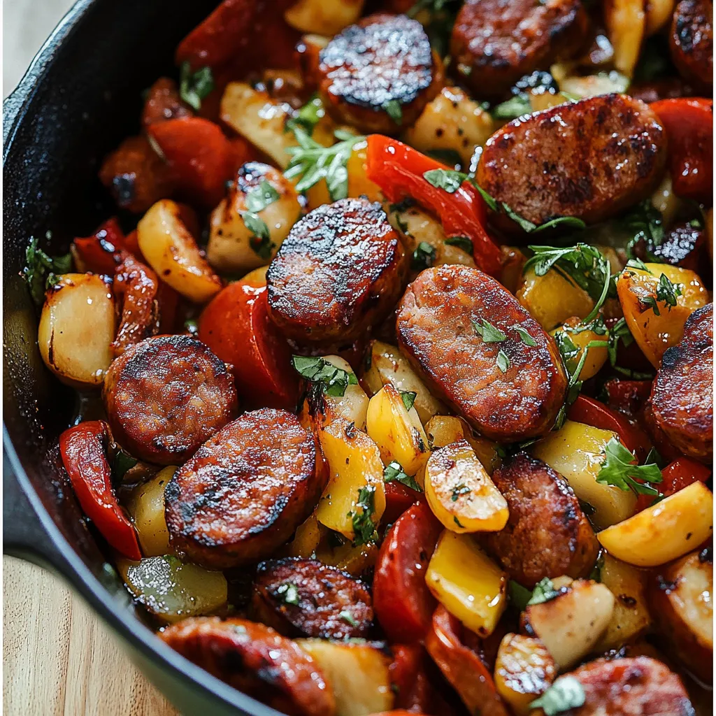 A pan of food with sausage, peppers, and onions.