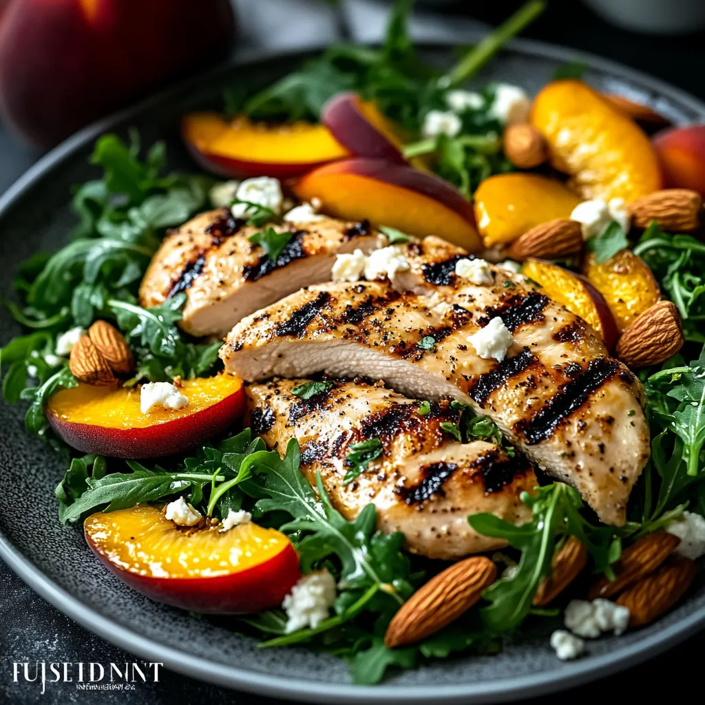 A plate of food with chicken, peaches, and greens.