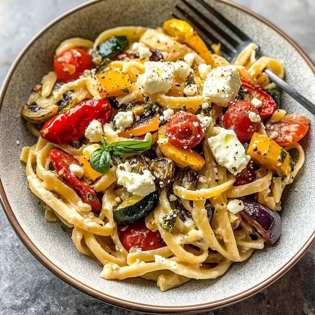 A bowl of pasta with tomatoes, peppers, and cheese.