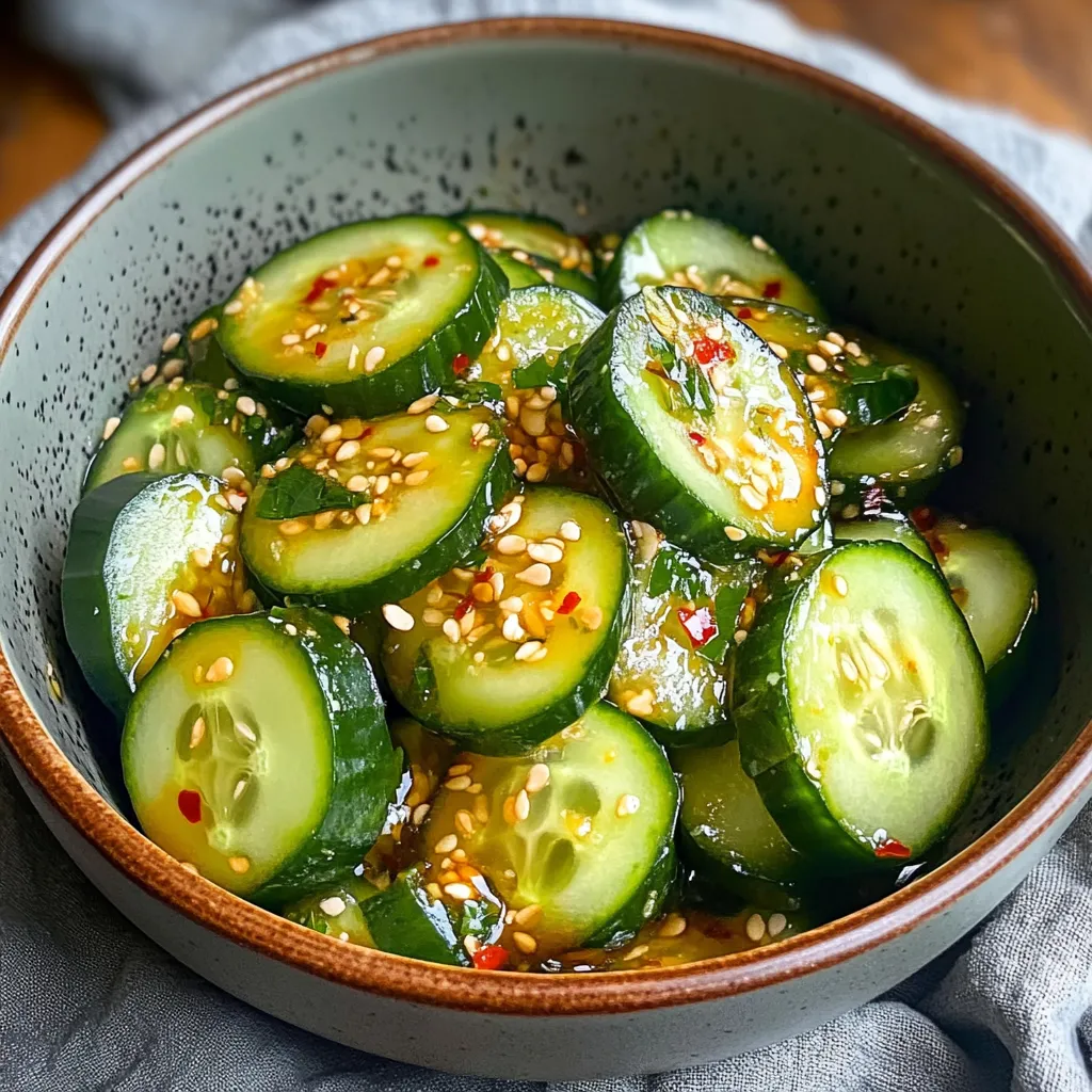 A bowl of cucumbers with spices.