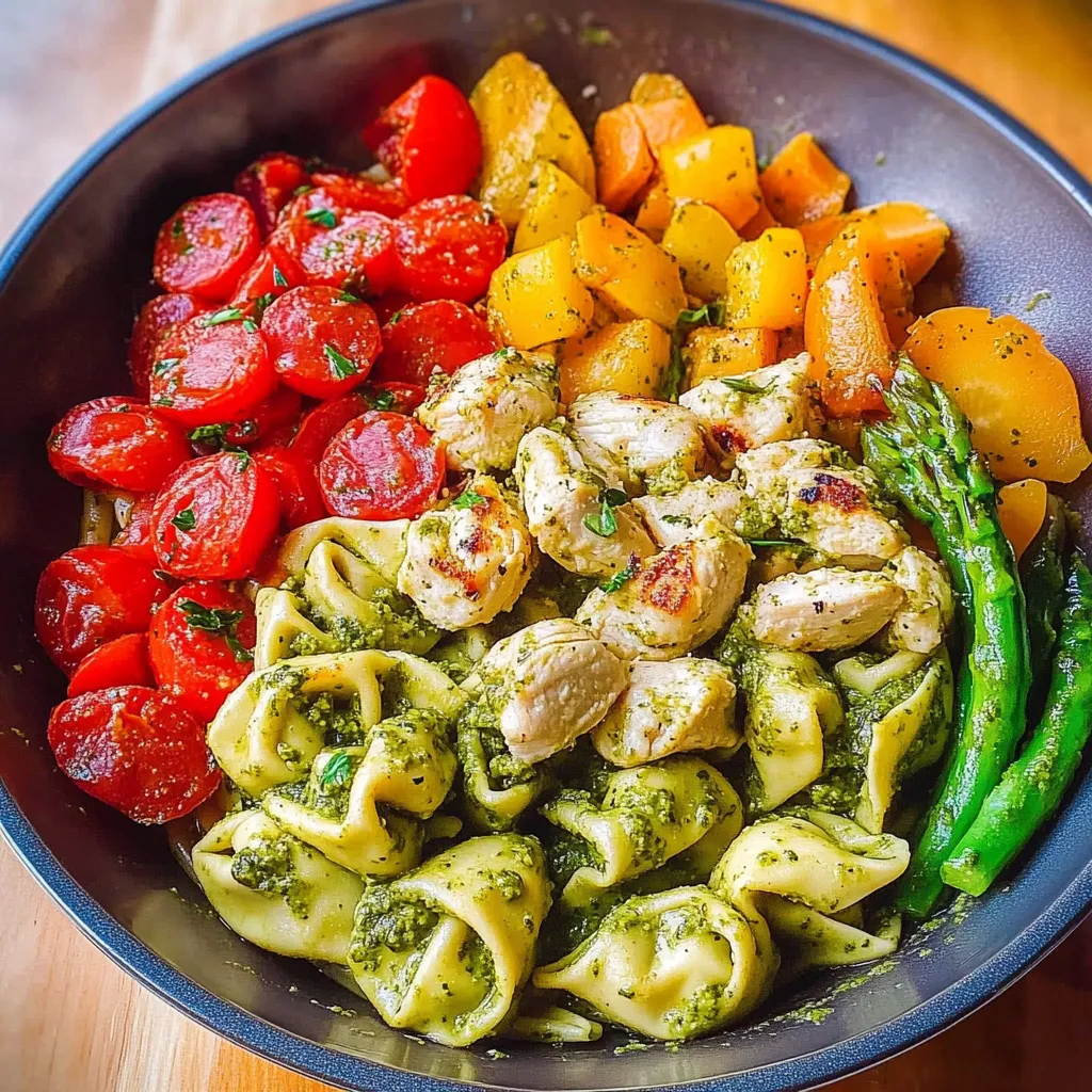 A bowl of pasta with tomatoes, chicken, and asparagus.