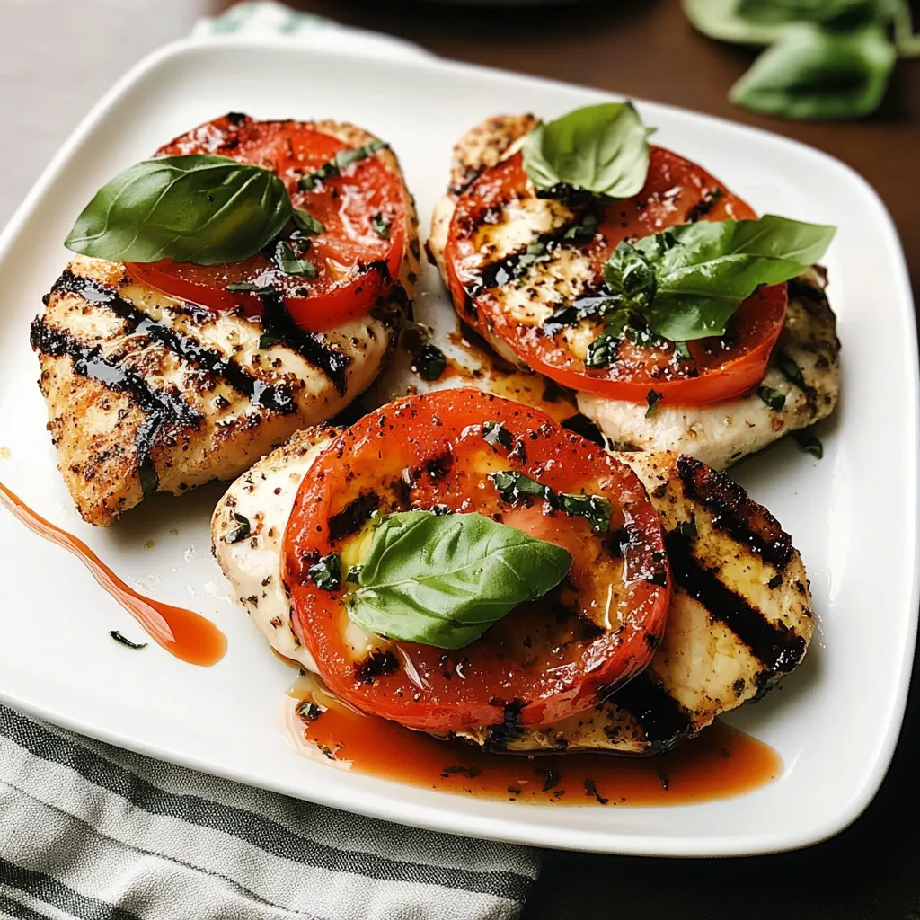 A plate of chicken with tomatoes and basil.