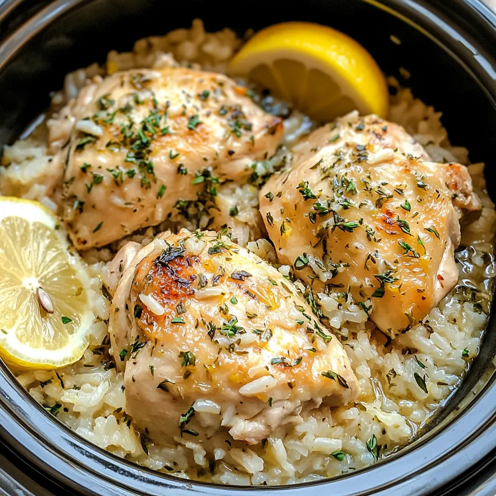 A bowl of rice with chicken and lemon.