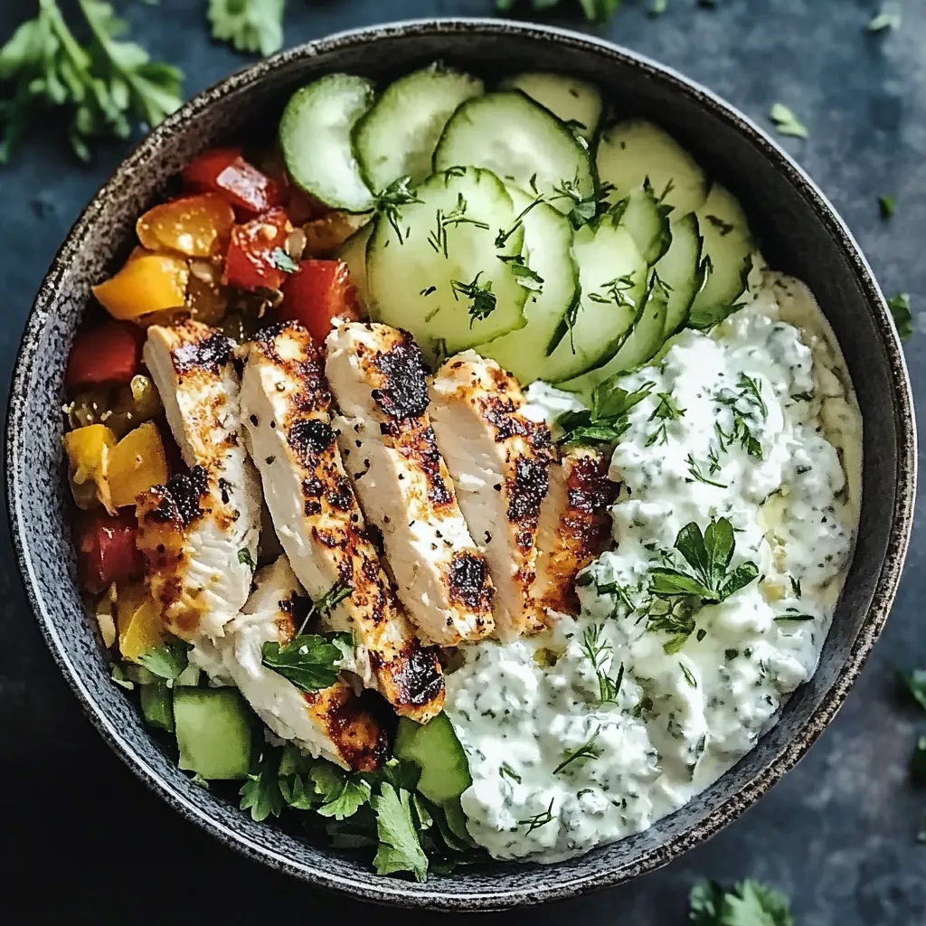 A bowl of food with chicken, cucumbers, tomatoes, and cilantro.