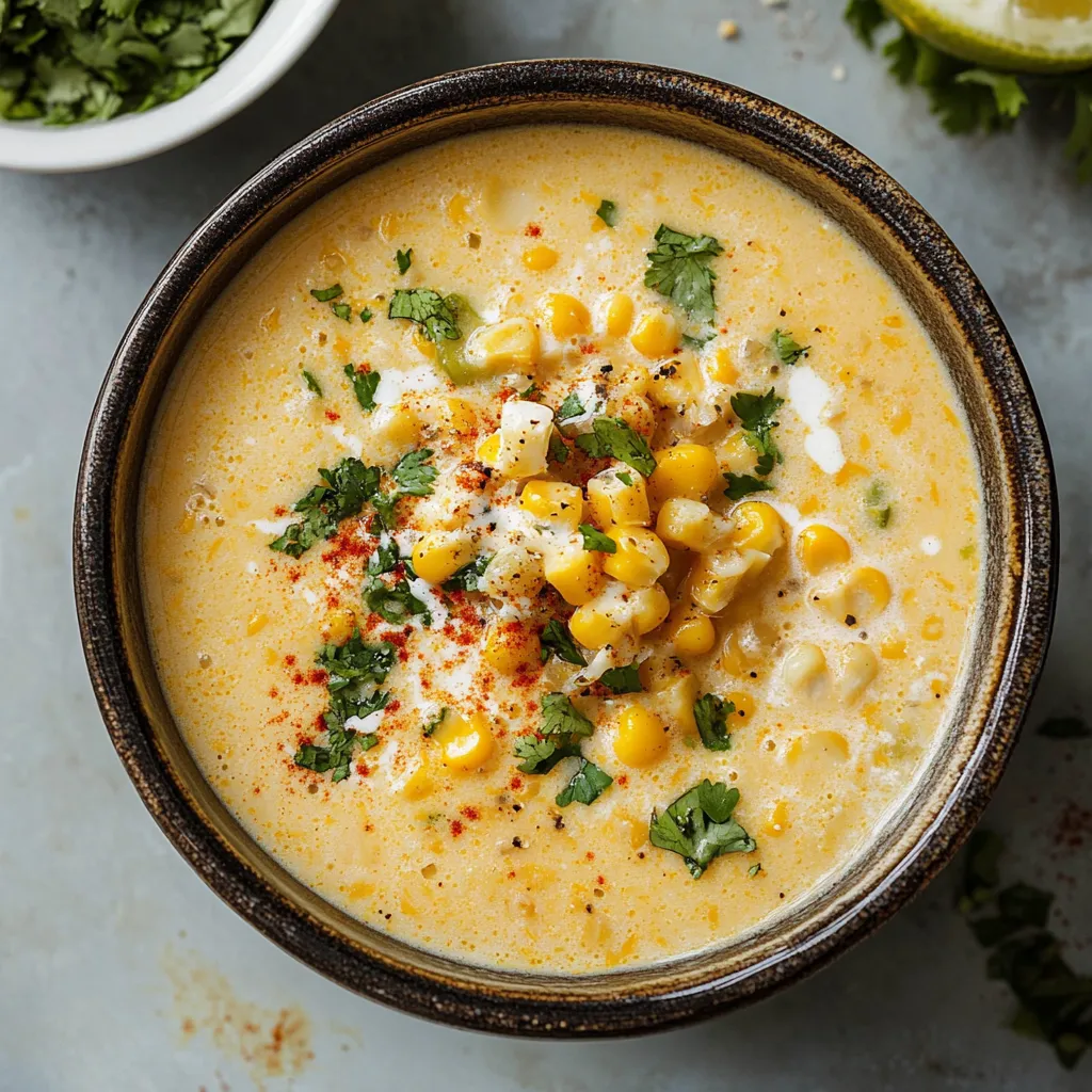 A bowl of soup with corn and chili.