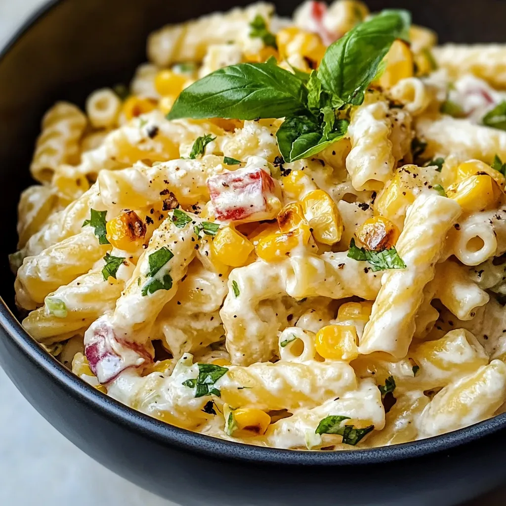 A bowl of pasta with corn and basil.