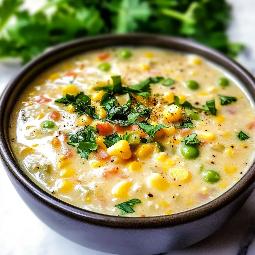A bowl of soup with corn and peas.
