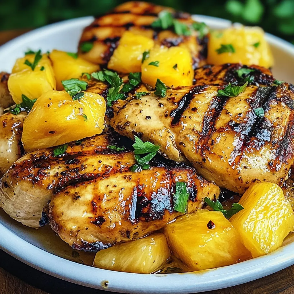 A plate of grilled chicken with pineapple.