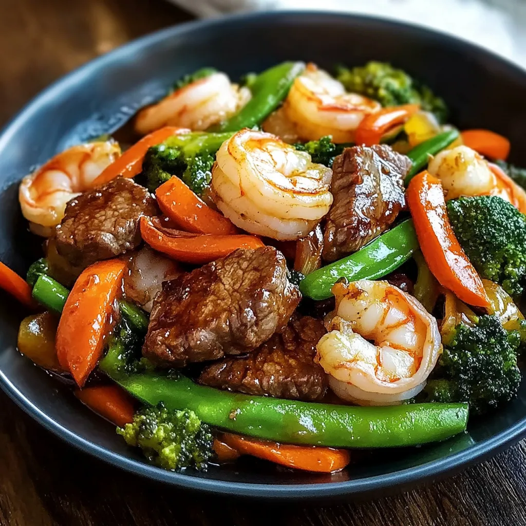 A bowl of shrimp and vegetables.