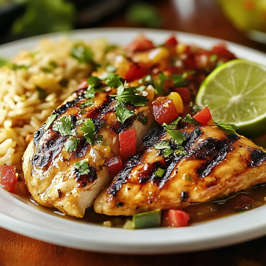 A plate of food with rice, chicken, and lime.