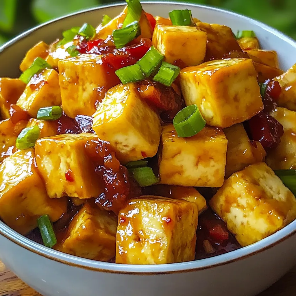 A bowl of food with tofu and peppers.
