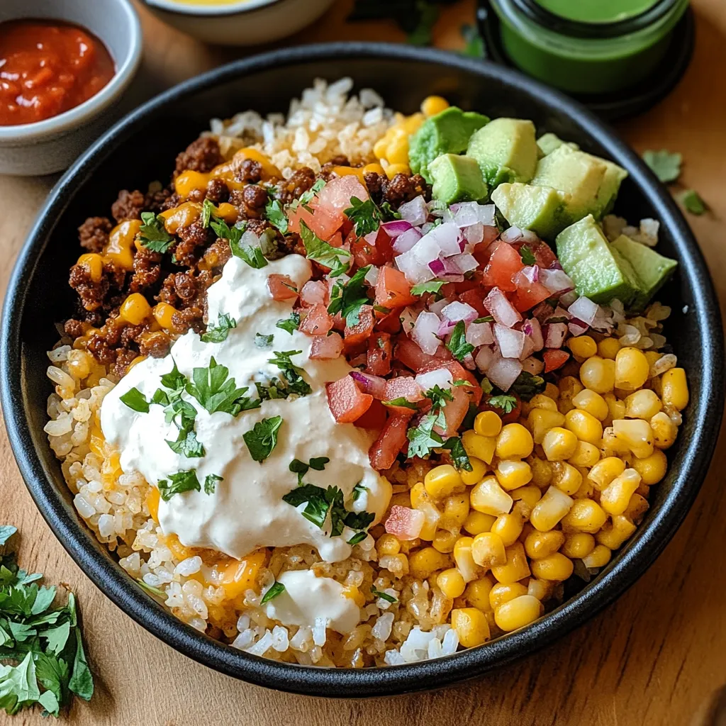 A bowl of food with rice, beans, corn, tomatoes, and avocado.