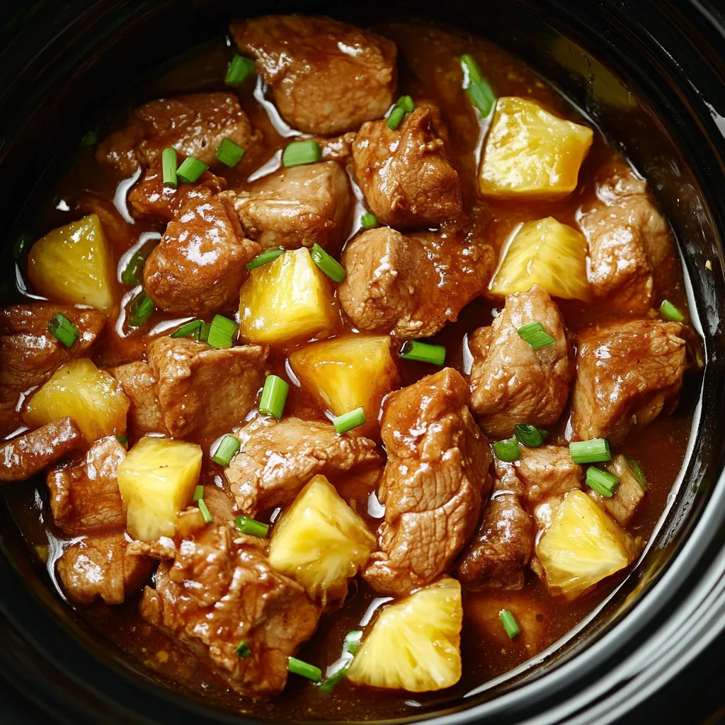 A bowl of meat and pineapple.