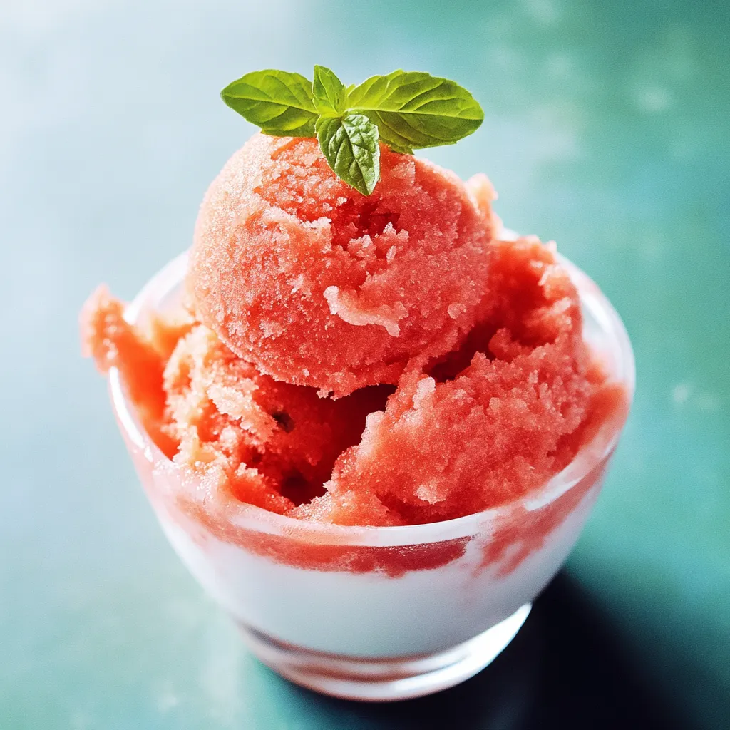 A glass of pink frozen dessert with a green leaf on top.