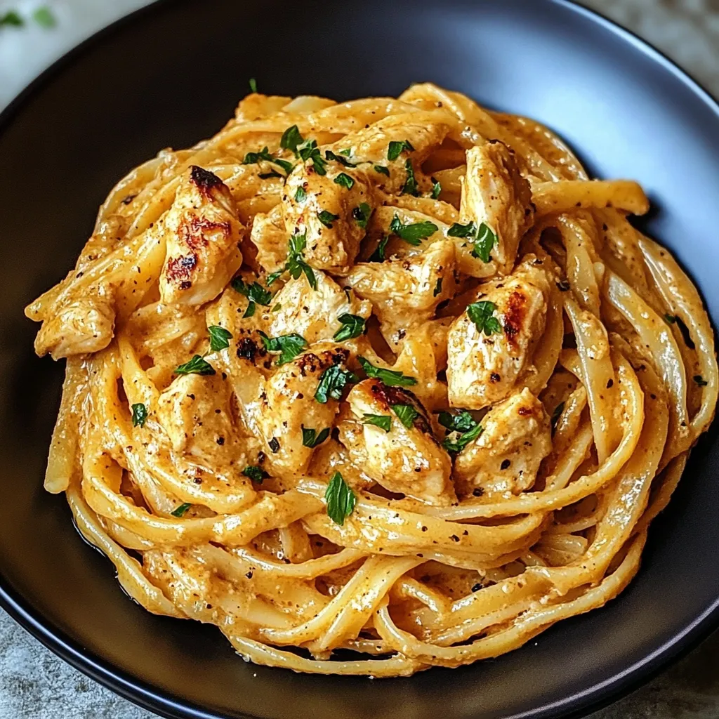 A bowl of pasta with chicken and herbs.