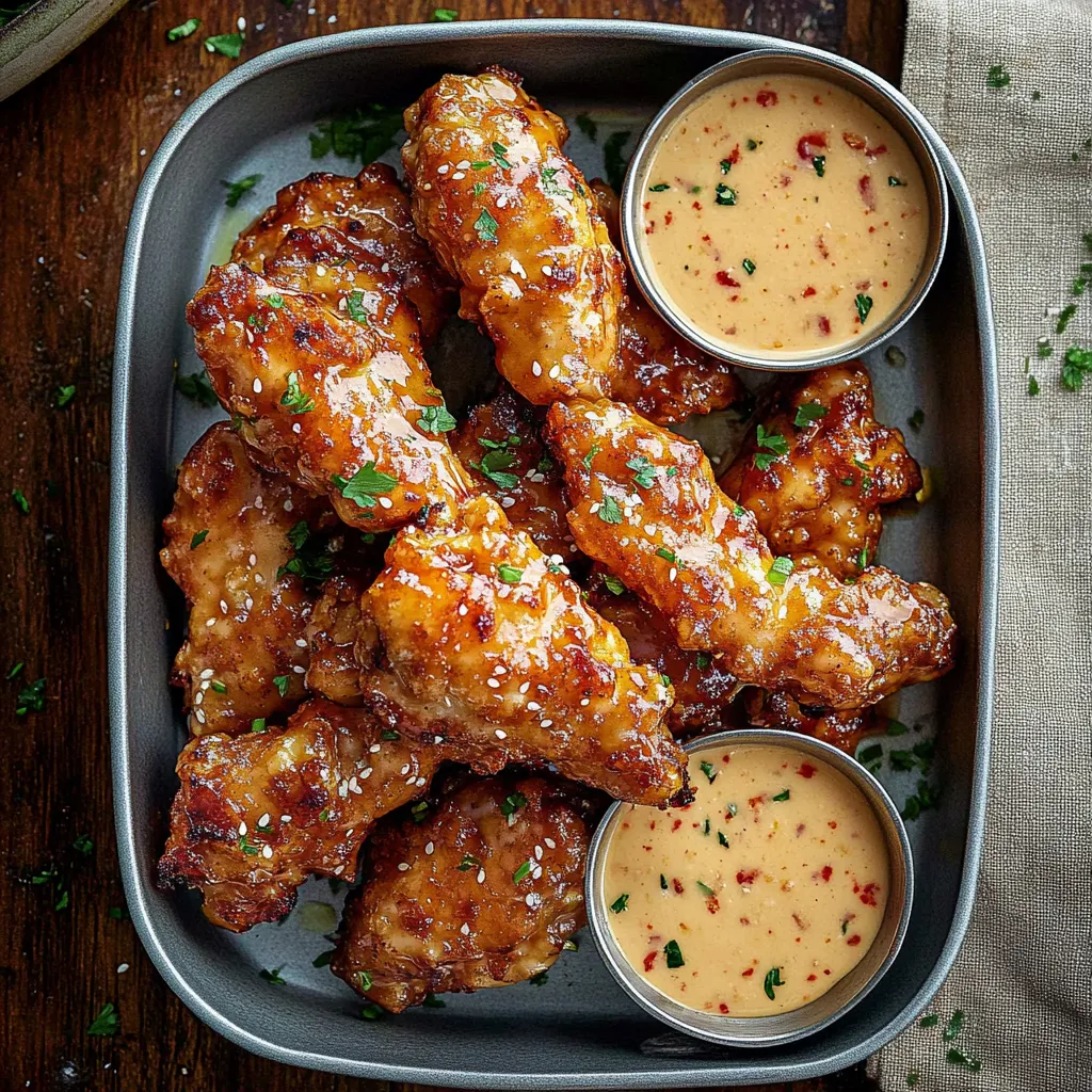 A plate of fried chicken with a dipping sauce.