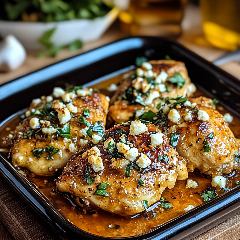 A pan of chicken with cheese and herbs.
