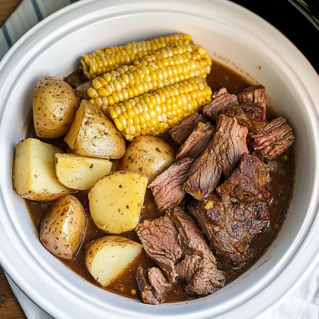 A bowl of food with meat, corn and potatoes.