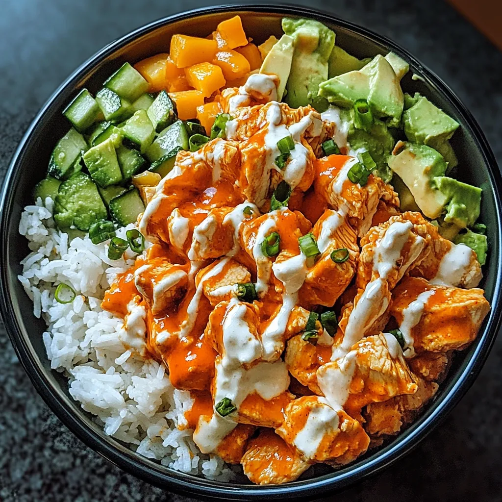 A bowl of food with rice, avocado, and chicken.