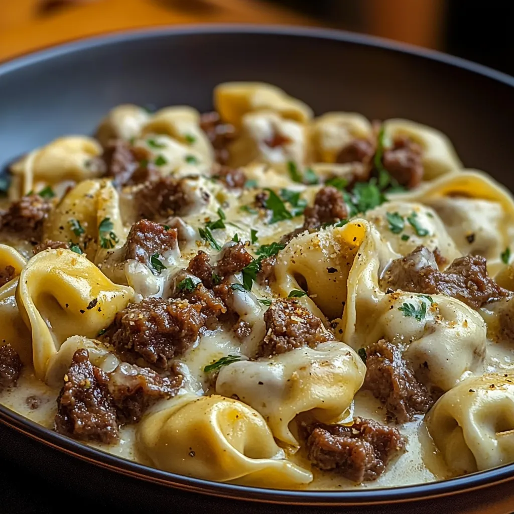A bowl of pasta with meat and cheese.