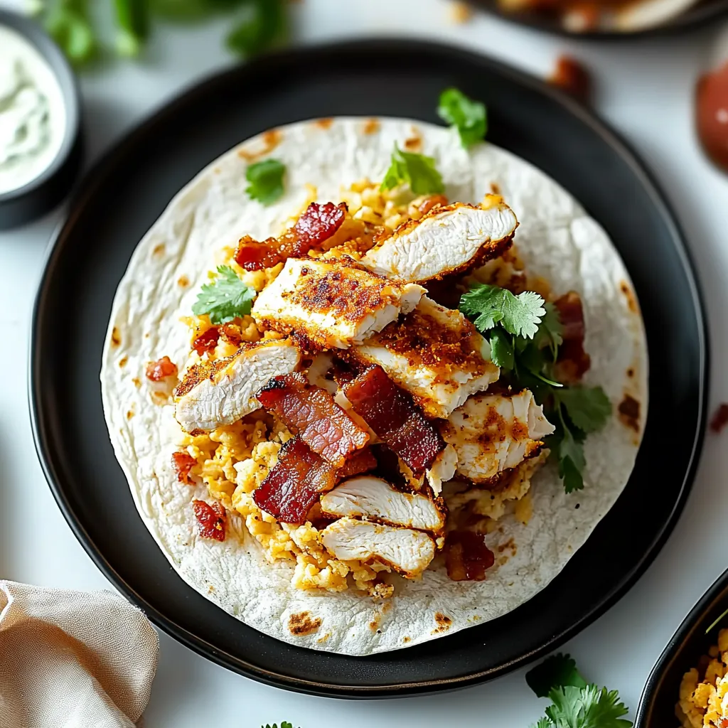 A plate of food with chicken and bacon on a tortilla.