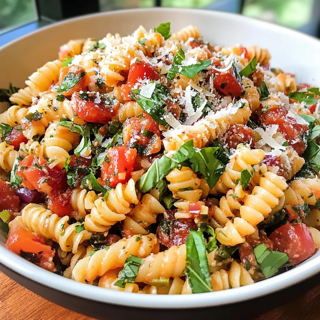A bowl of pasta with tomatoes and cheese.