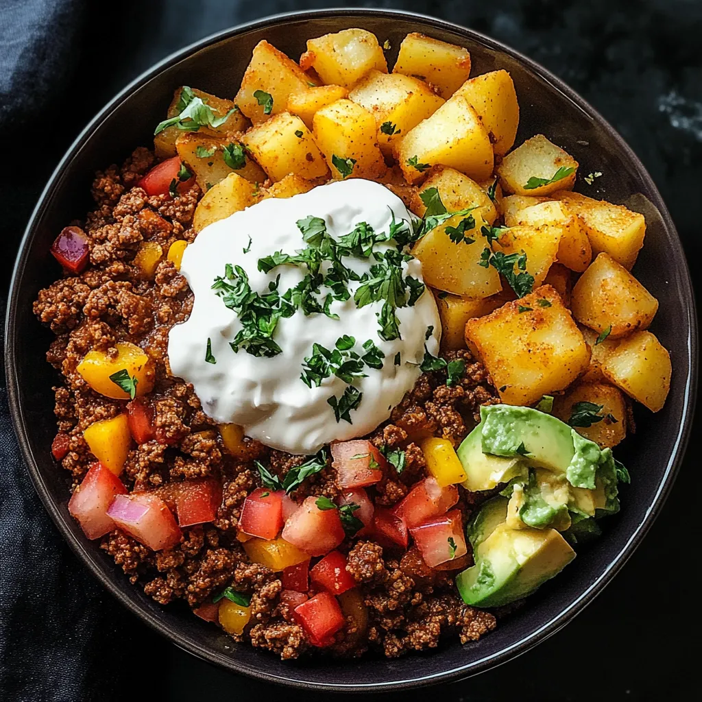 A bowl of food with meat, potatoes, and avocado.