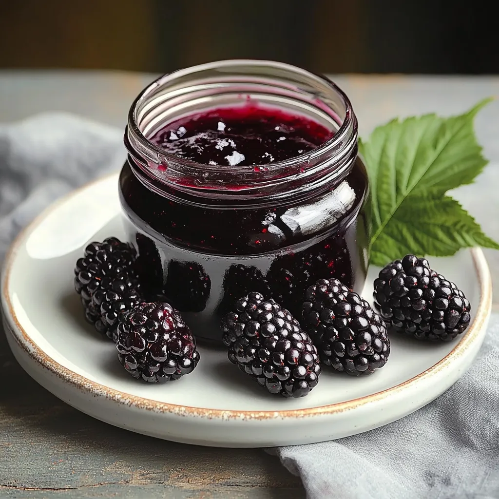 A jar of blackberry jam on a plate.