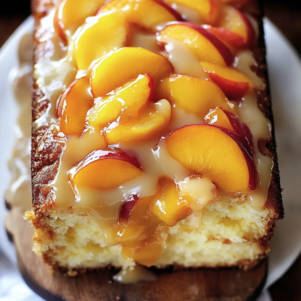 A slice of peach cake with peaches on top.