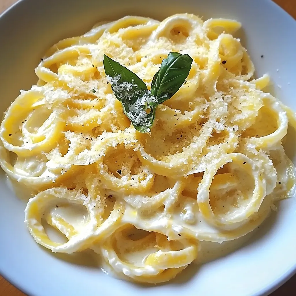 A bowl of pasta with a green leaf on top.