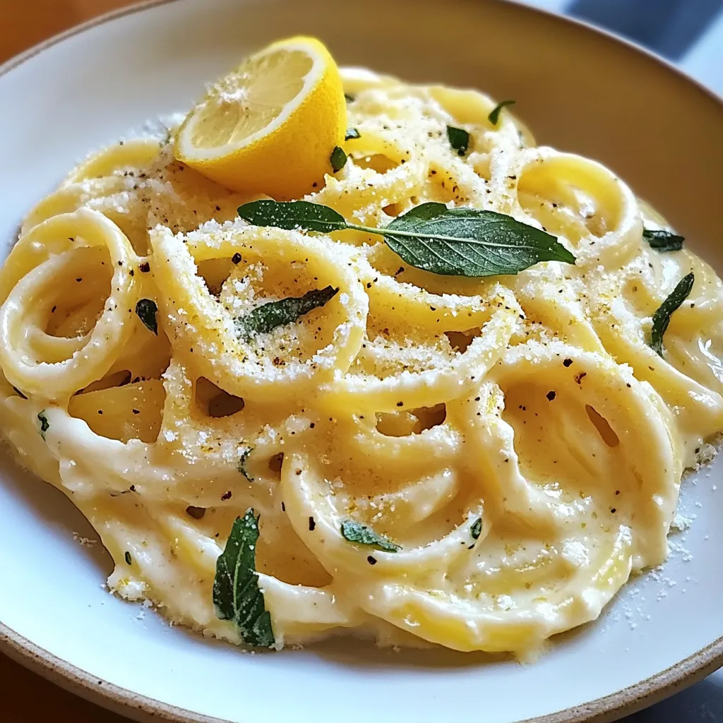 A plate of pasta with a lemon wedge on top.