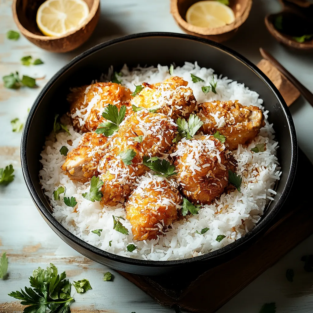 A bowl of rice with chicken and lemon wedges.