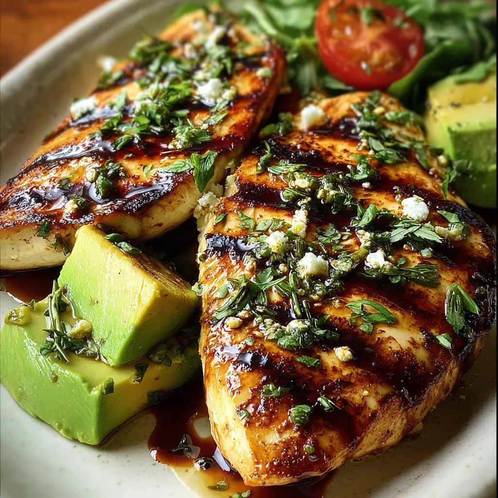 A plate of food with chicken, tomatoes, and avocado.