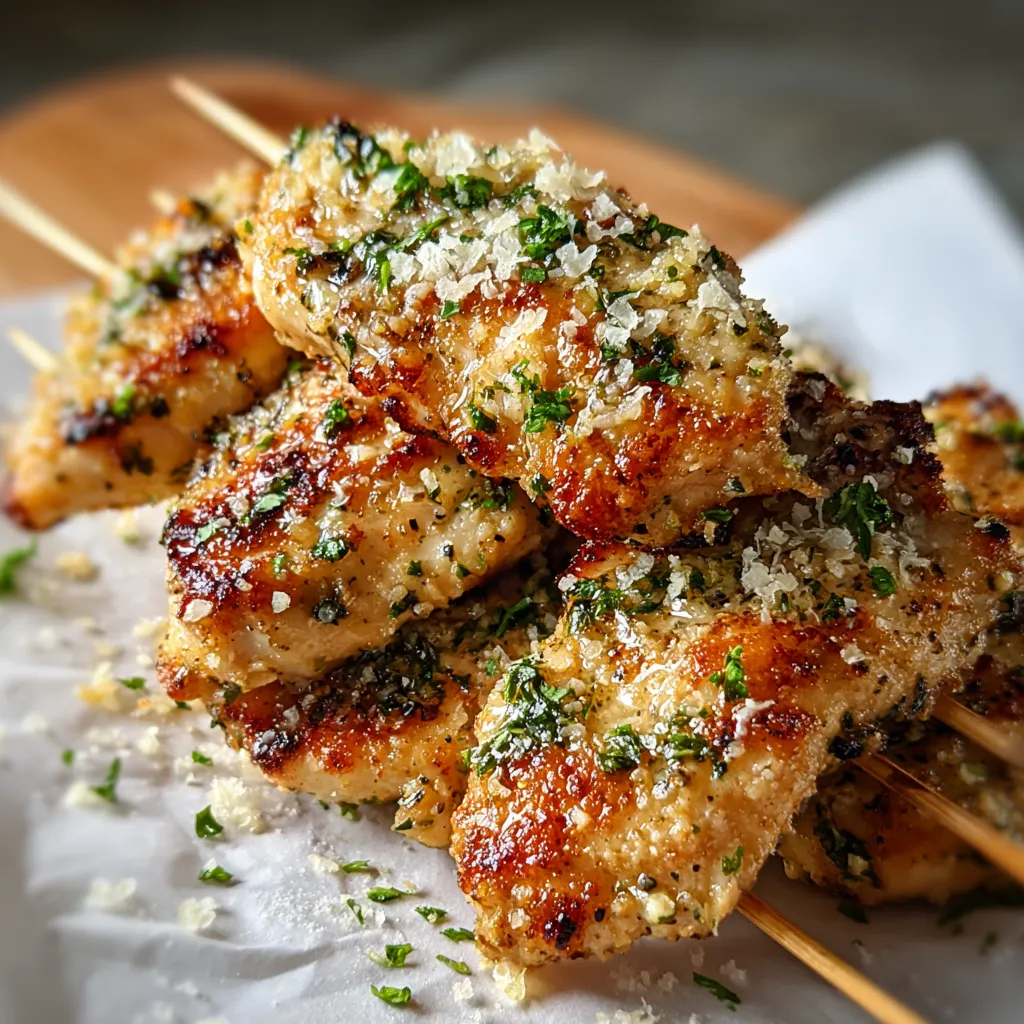 A plate of chicken skewers with herbs and spices.