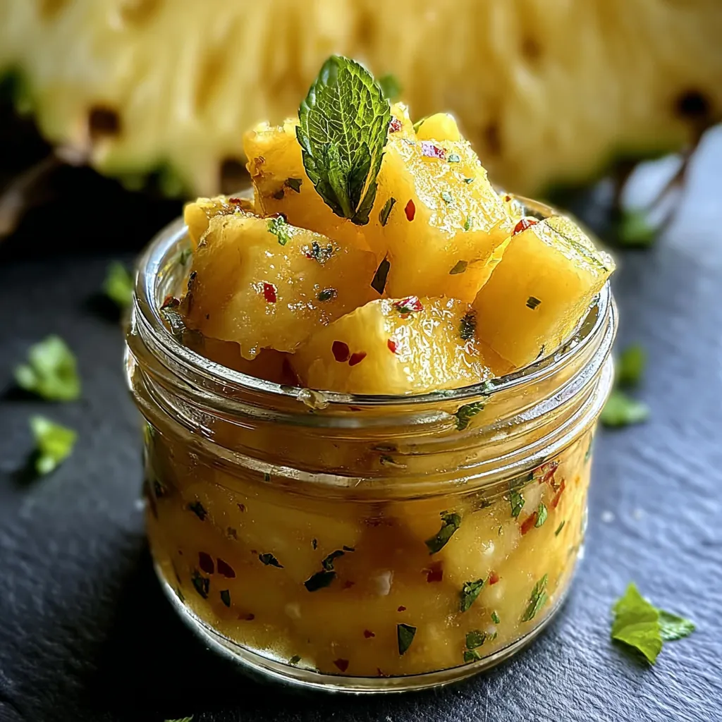A jar of pineapple chutney with a sprig of mint on top.