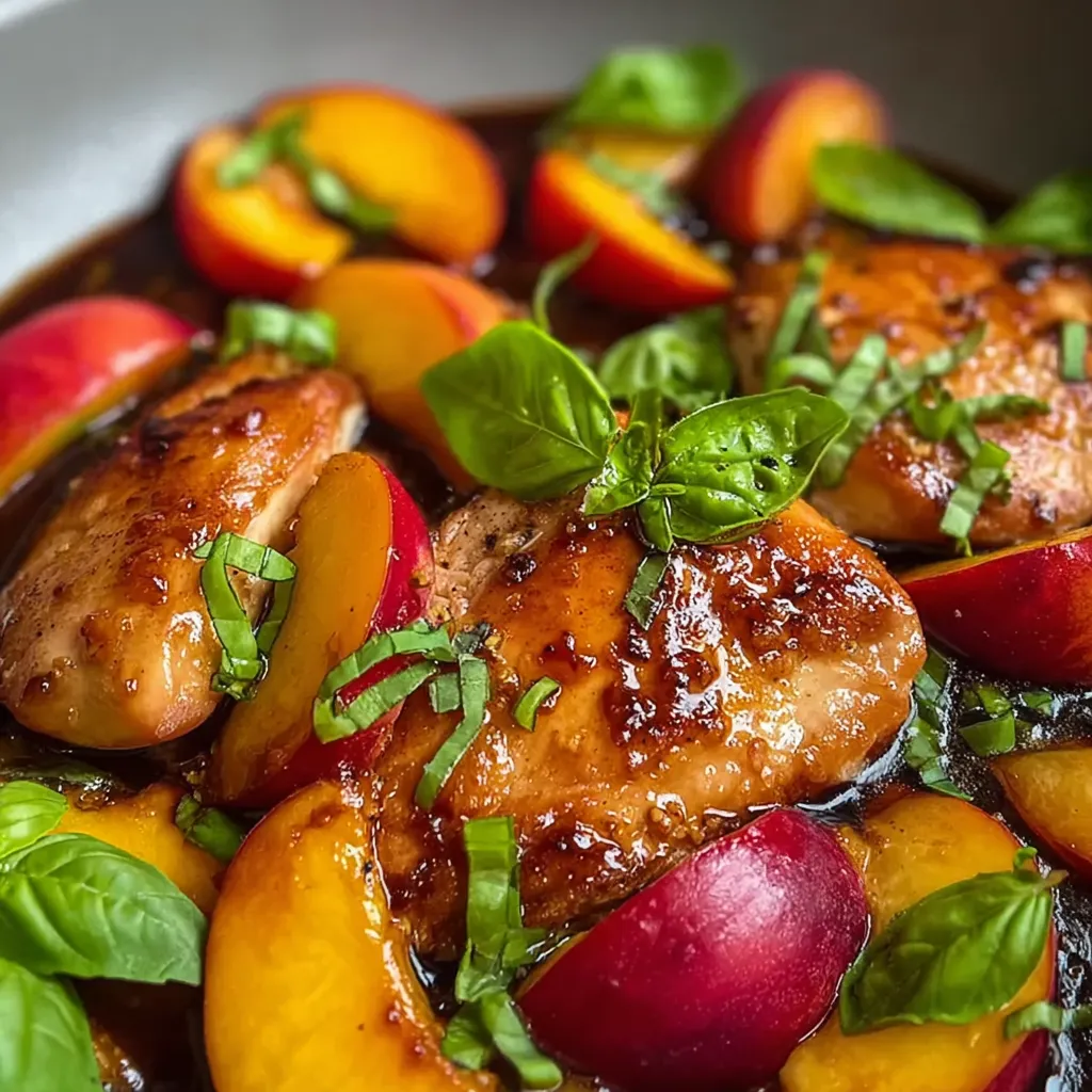 A bowl of food with peaches and chicken.