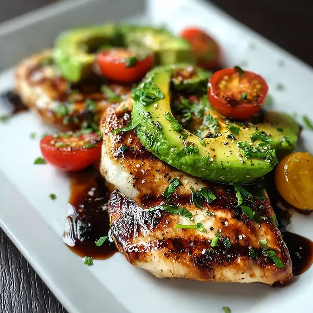 A plate of food with chicken, tomatoes, avocado, and lime.