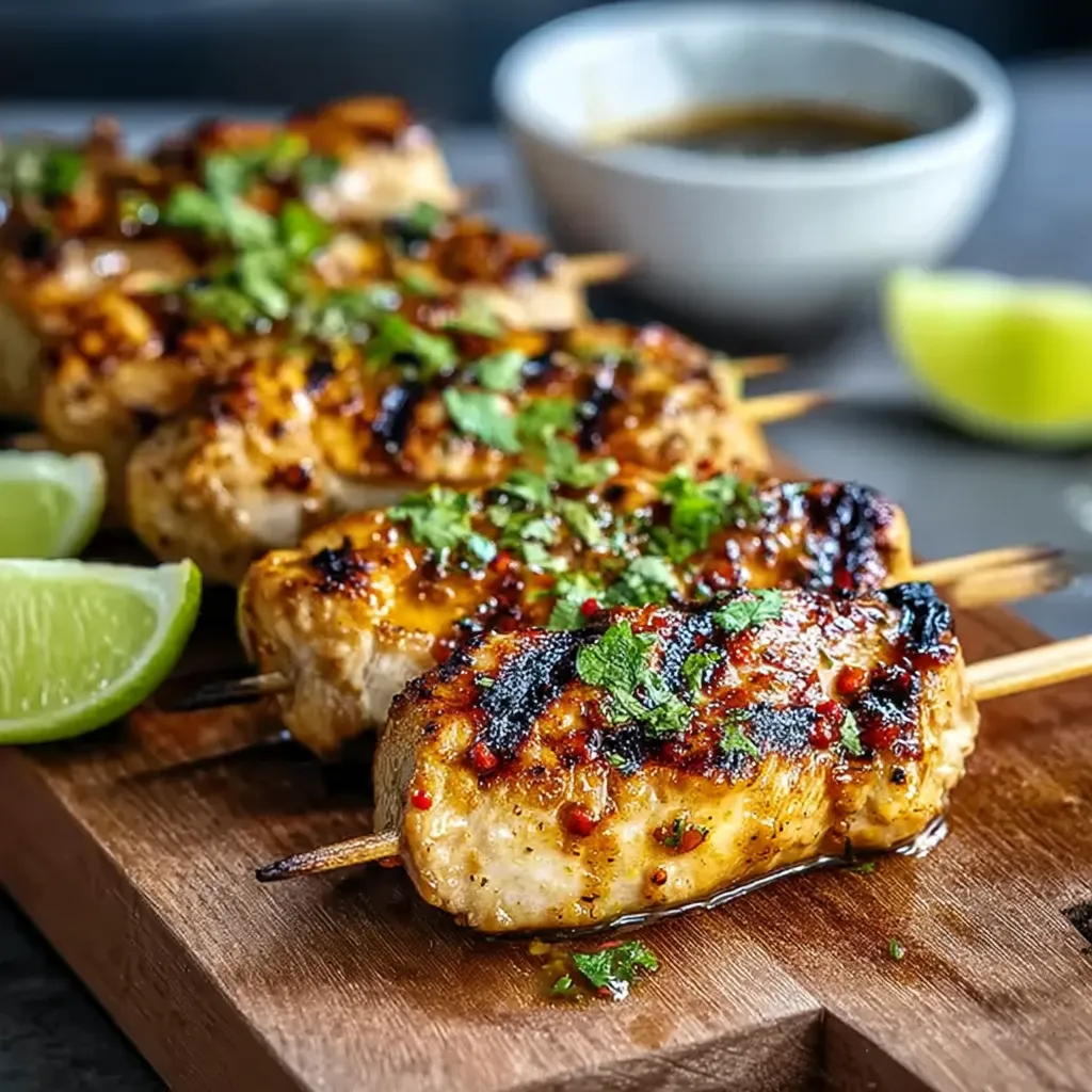Skewers of meat with lime wedges.