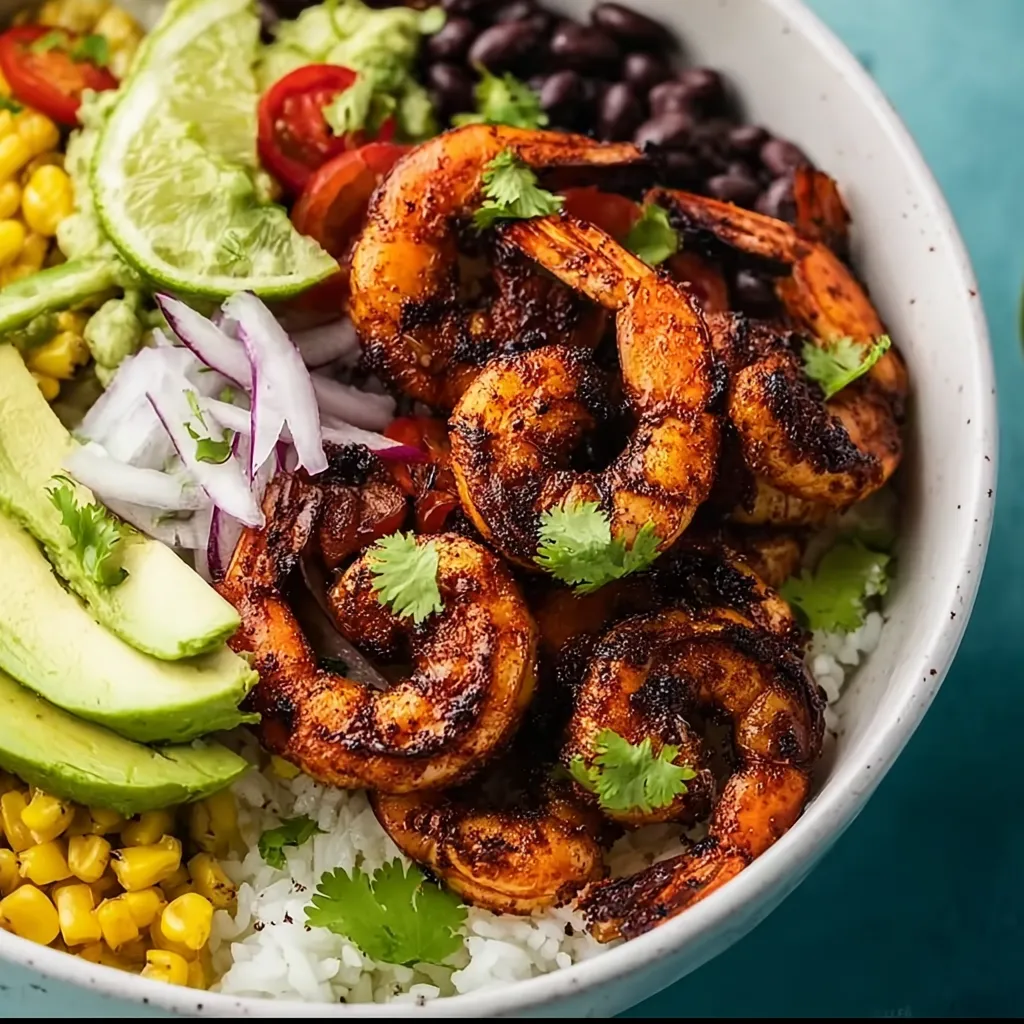 A bowl of food with shrimp, corn, and avocado.