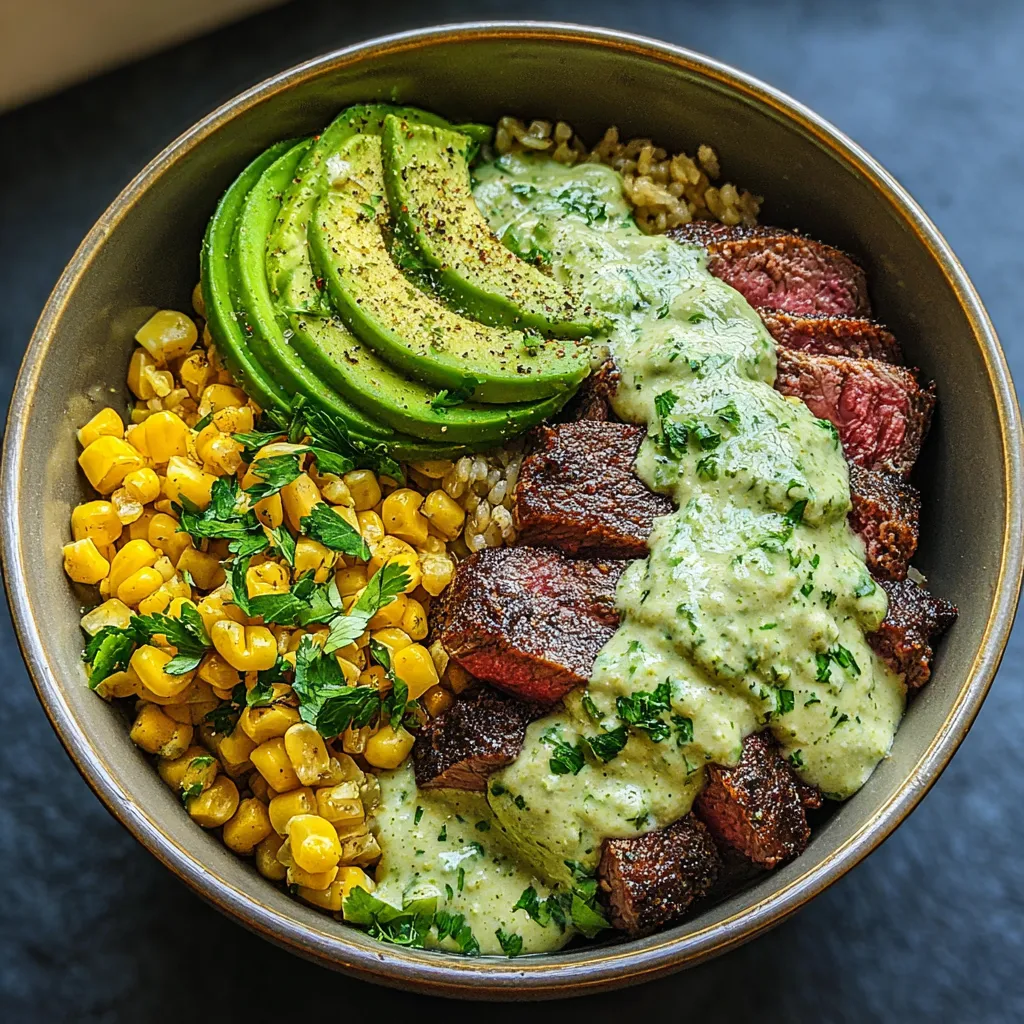 A bowl of food with meat, rice, and avocado.