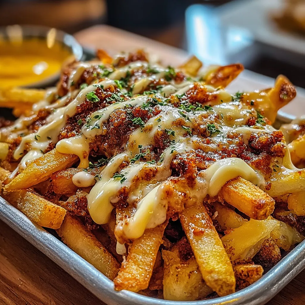 A plate of french fries with cheese and bacon.