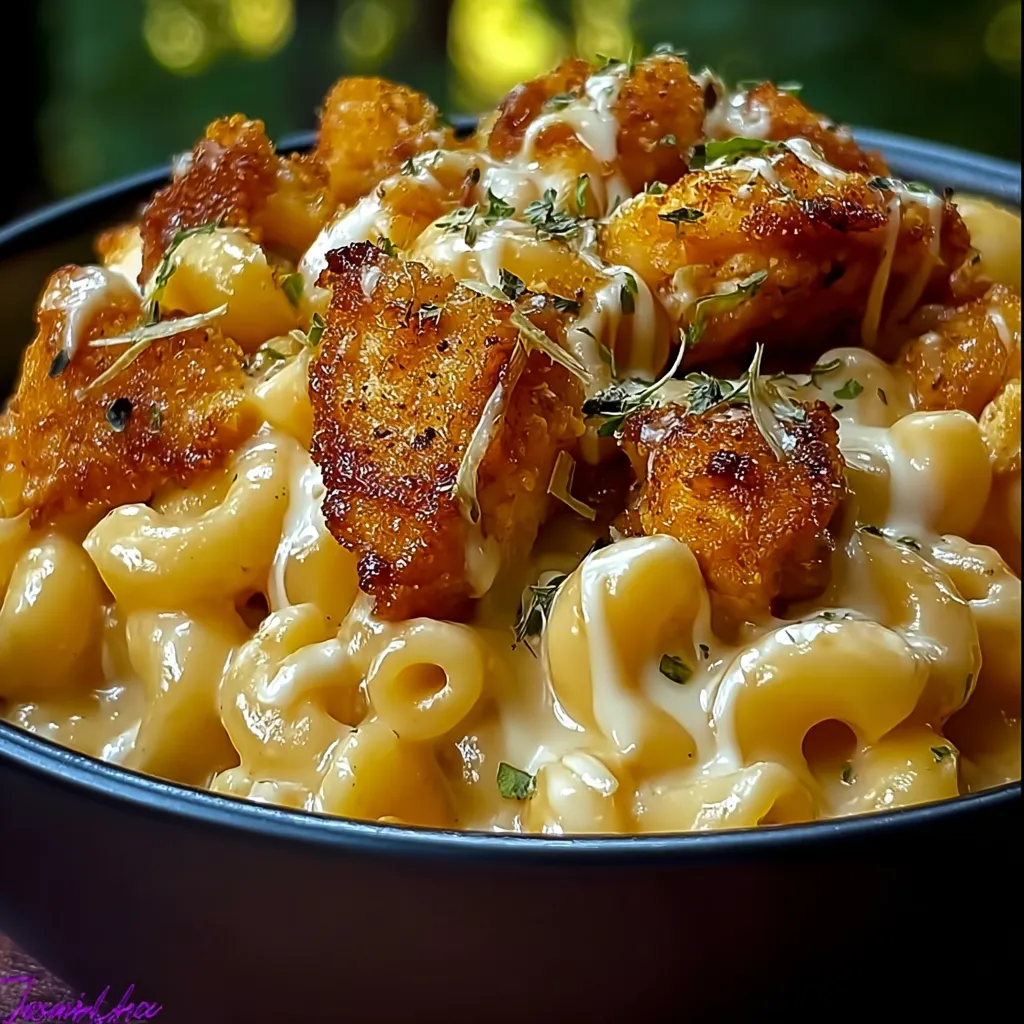 A bowl of macaroni and cheese with chicken.