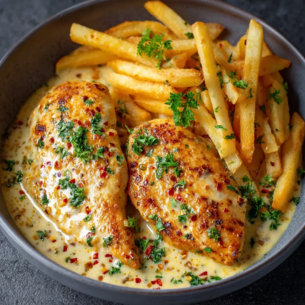A plate of food with chicken and fries.