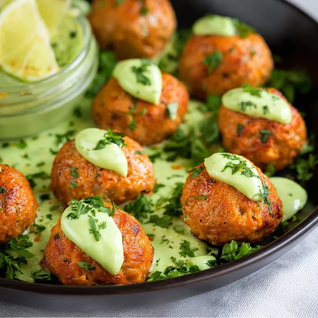 A plate of meatballs with a dollop of sour cream on top.
